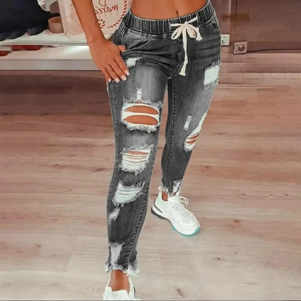 🆕️High Waist Destructed Jeans-Light Black